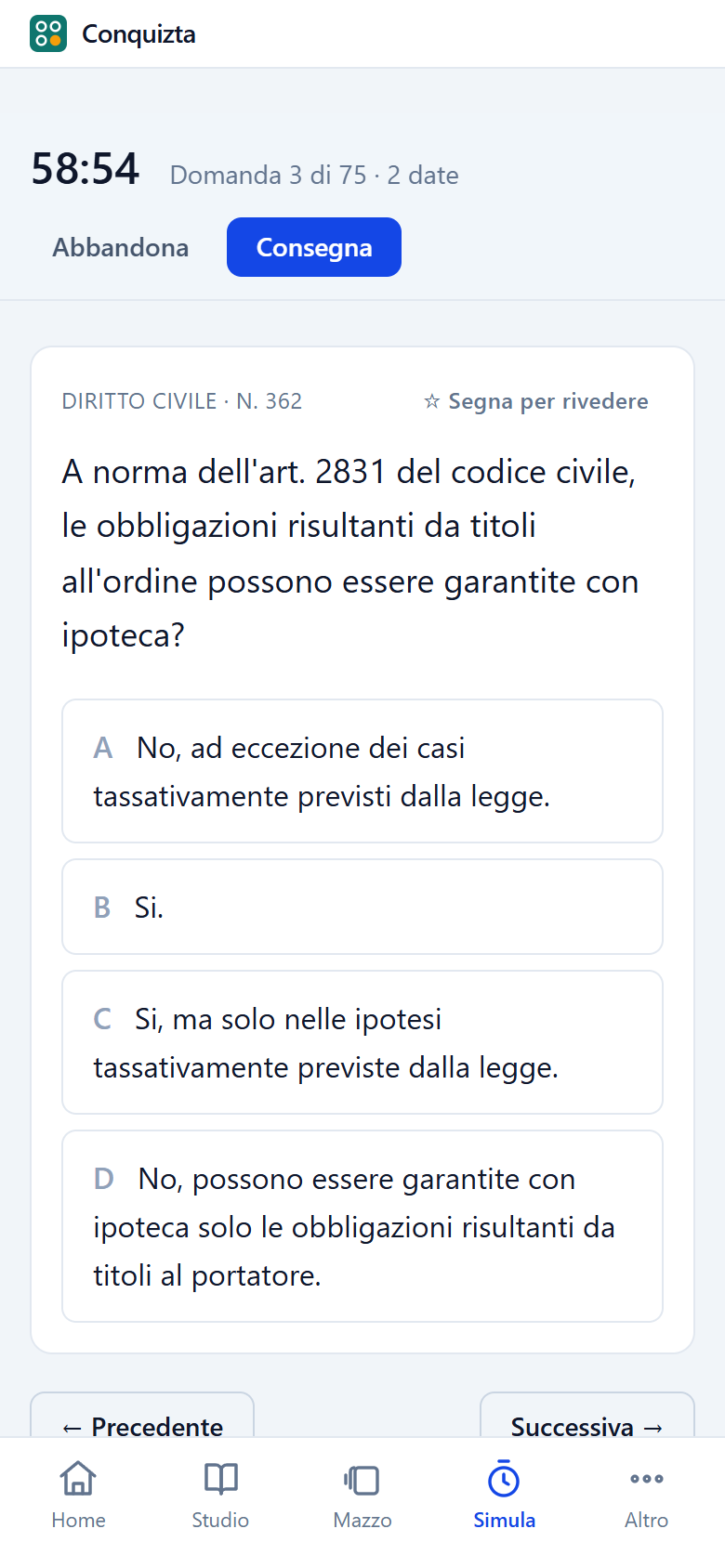 Una simulazione in corso: cronometro, «Domanda 3 di 75», il quesito e quattro risposte.